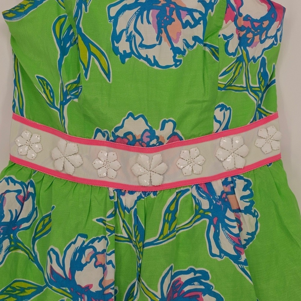 Lilly Pulitzer Langley Silk Cotton Strapless Dress 00 Green Floral Beaded Preppy - Picture 4 of 16